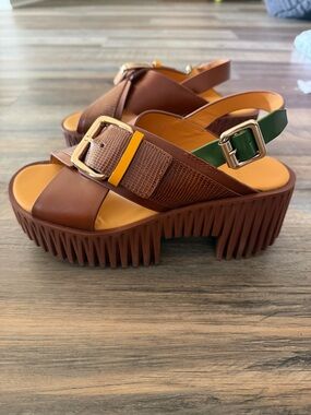 4CCCEES Brown Platform Slingback Sandals with Green Strap and Gold Buckle